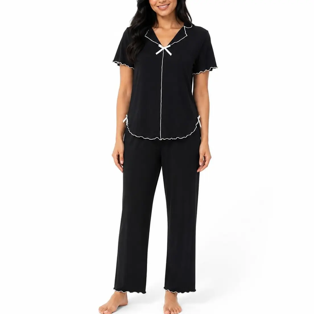 LUNA NOIE Women's Black 2-Piece Pajama Set, Short Sleeve Notch Collar Top & Full-Length Pants, White Contrast Lettuce-Trim Lounge Sleepwear for Sleeping, Home Relaxation, Pajama Parties, Cozy Nightwear, Loungewear Set, Travel Sleep Set, Daily Home Outfit