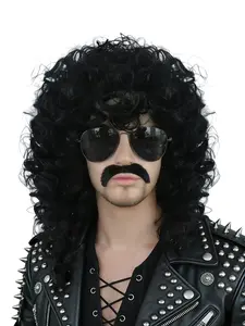 14 Inch Black Curly Rocker Wig Set – Includes Aviator Sunglasses, Fake Mustache & Wig Cap, Heat Resistant Synthetic Hair for 80s Theme Party, Hard Rock Costume or Men’s Dress Up ﻿