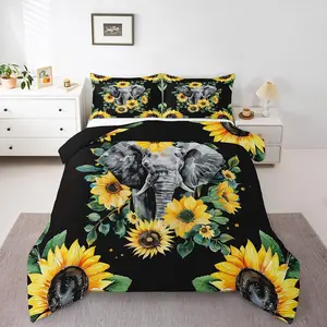 Elephant Comforter Set,Yellow Sunflower Down Comforter for Kids Girls Teens Adult,African Safari Animal Duvet Sets,Floral Petal Country Bedding Set