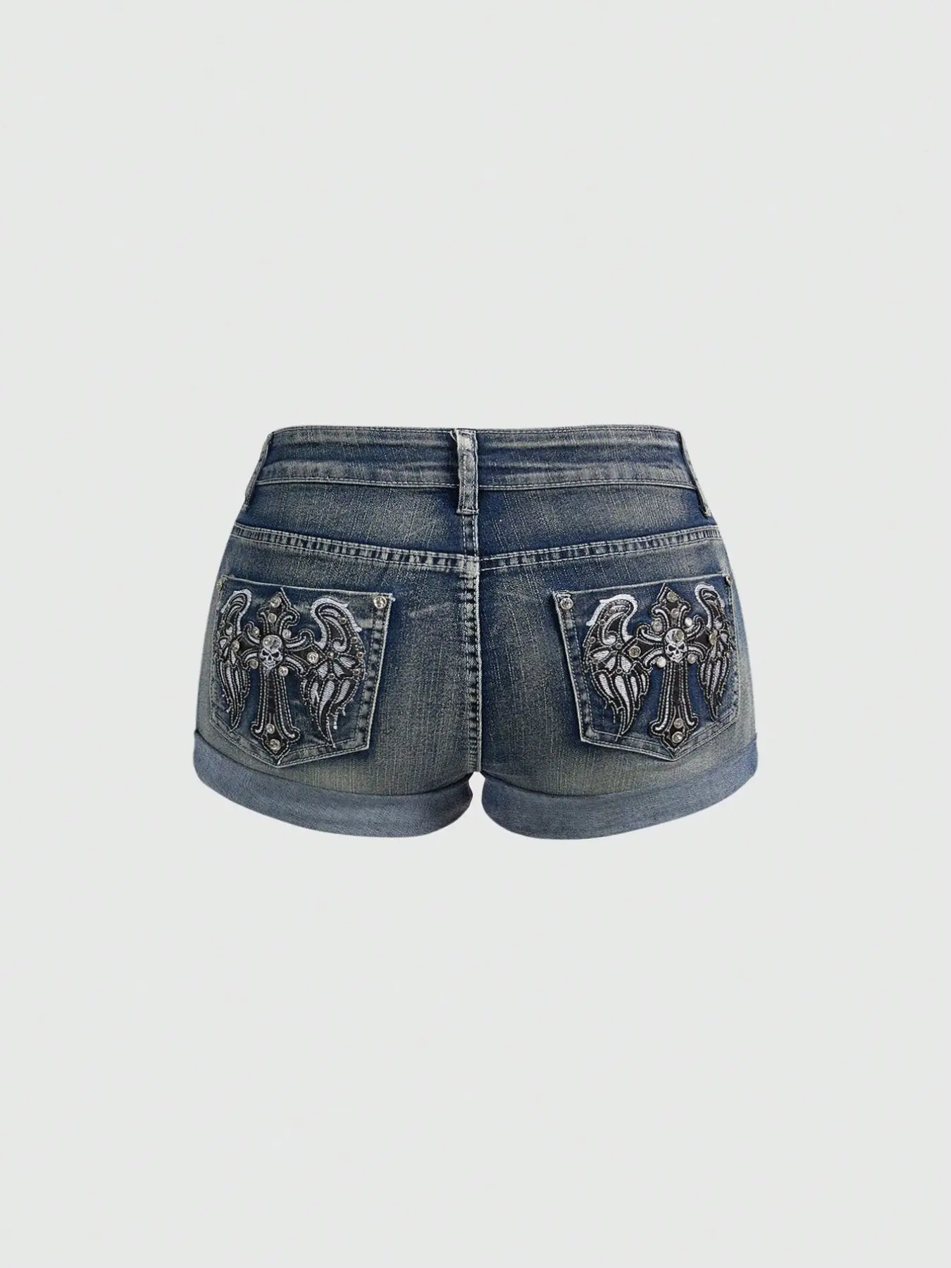 Women's Punk Y2K Retro Denim Shorts, Cross Wing Embroidery & Rhinestone Slim-Fit Jean Shorts, Casual Streetwear