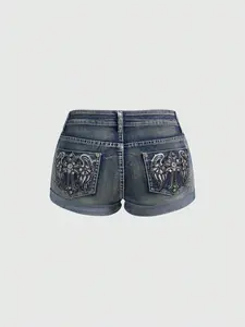 Punk Y2K Retro Style Women's Jeans Shorts, Cross Wing Embroidery and Rhinestones, Casual Slim-Fitting, All Seasons, Plain Surface