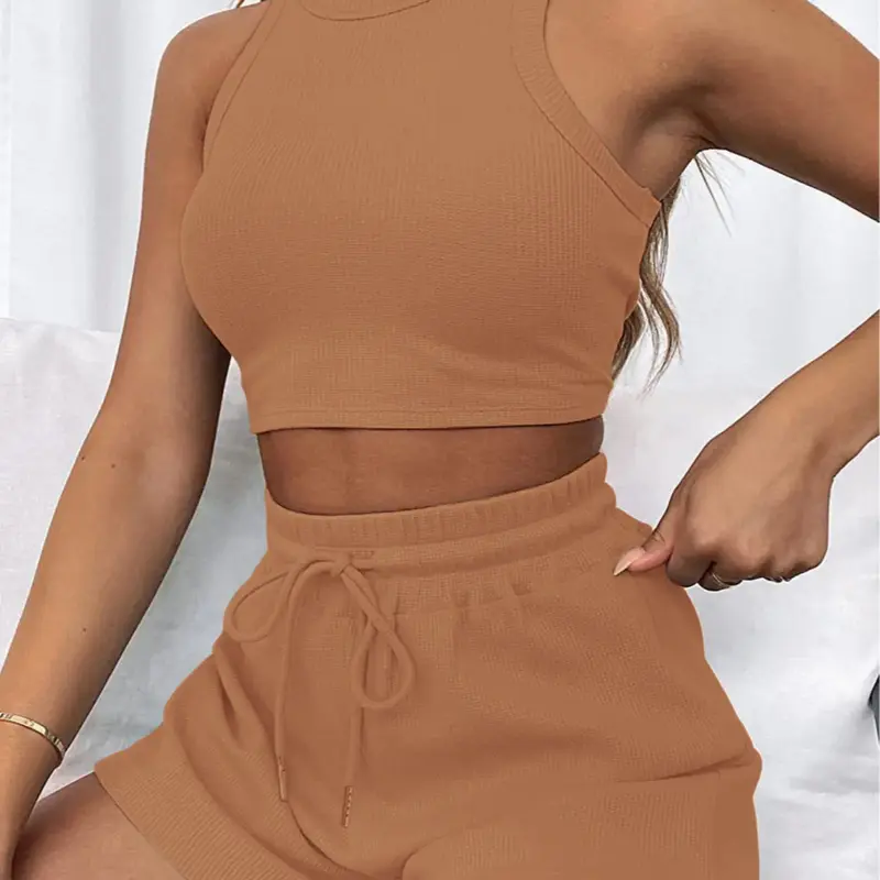 Women's 2 Counts Solid Waffle Textured Shorts Set, Round Neck Crop Tank Top & Drawstring Pocket Shorts, Two Piece Sets Summer, Ladies Clothes for All Seasons