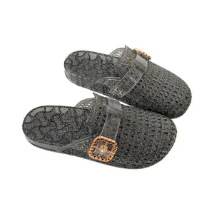 Women's Retro Round Toe Glitter Jelly Shoes - Breathable Slip-On Summer Slides for Casual Wear Crystal Black