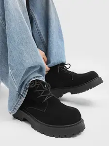 Men's Vintage Thick Sole High Top Work Boots, Velvety Texture, Anti-Slip Spiked Sole, Lace-Up Design, Casual All Season Shoes