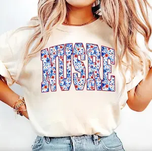 Striped Wildflower Nurse 4th Of July T-Shirt, Preppy USA Nicu Rn Cna Tee, Patriotic Wildflower America Shirt, Ditsy Floral USA Nurse Tee, Nurse Gifts