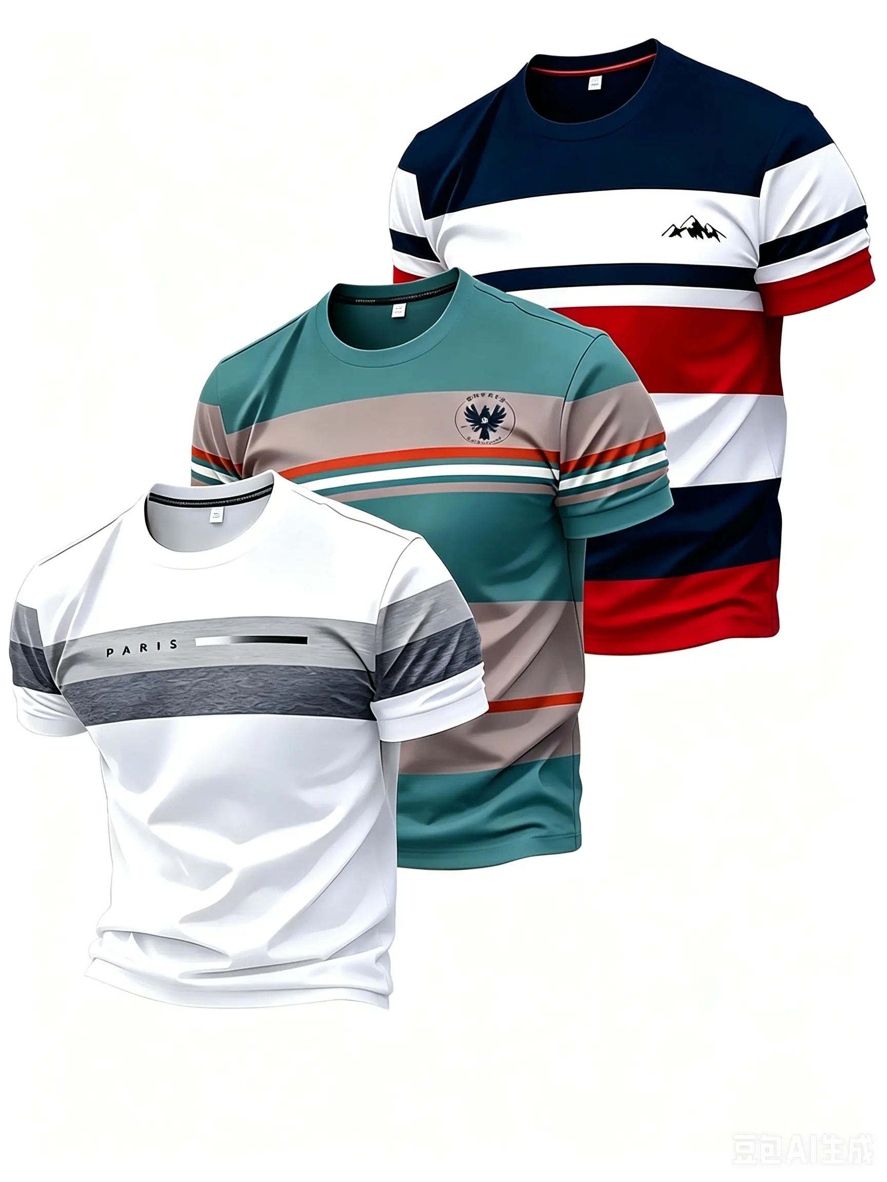 MTTYYD Men's 3-Pack Basic Striped Eagle Print Streetwear Tshirts - Short Sleeve, Slim Fit, Breathable Mesh Polyester, Round Neck, Casual Athletic Sports Tops for Outdoor Activities