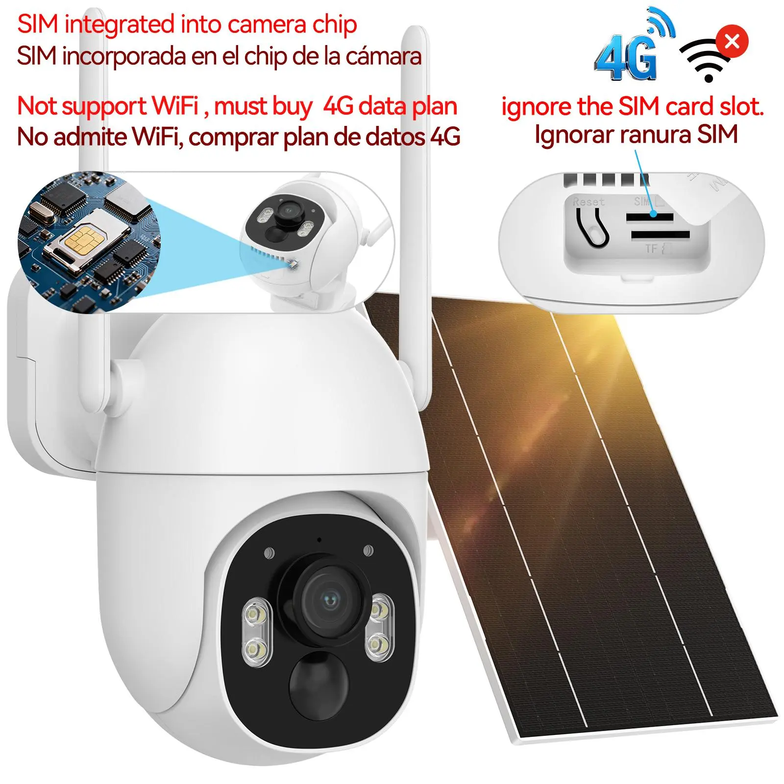 Cámaras de seguridad solares  4G LTE para exteriores sin WiFi, inalámbricas, resolución 5 MP  visión nocturna en color y almacenamiento en tarjeta SD o en la nube. (La tarjeta SIM tiene un chip integrado; por favor, ignore la ranura para tarjeta SIM)