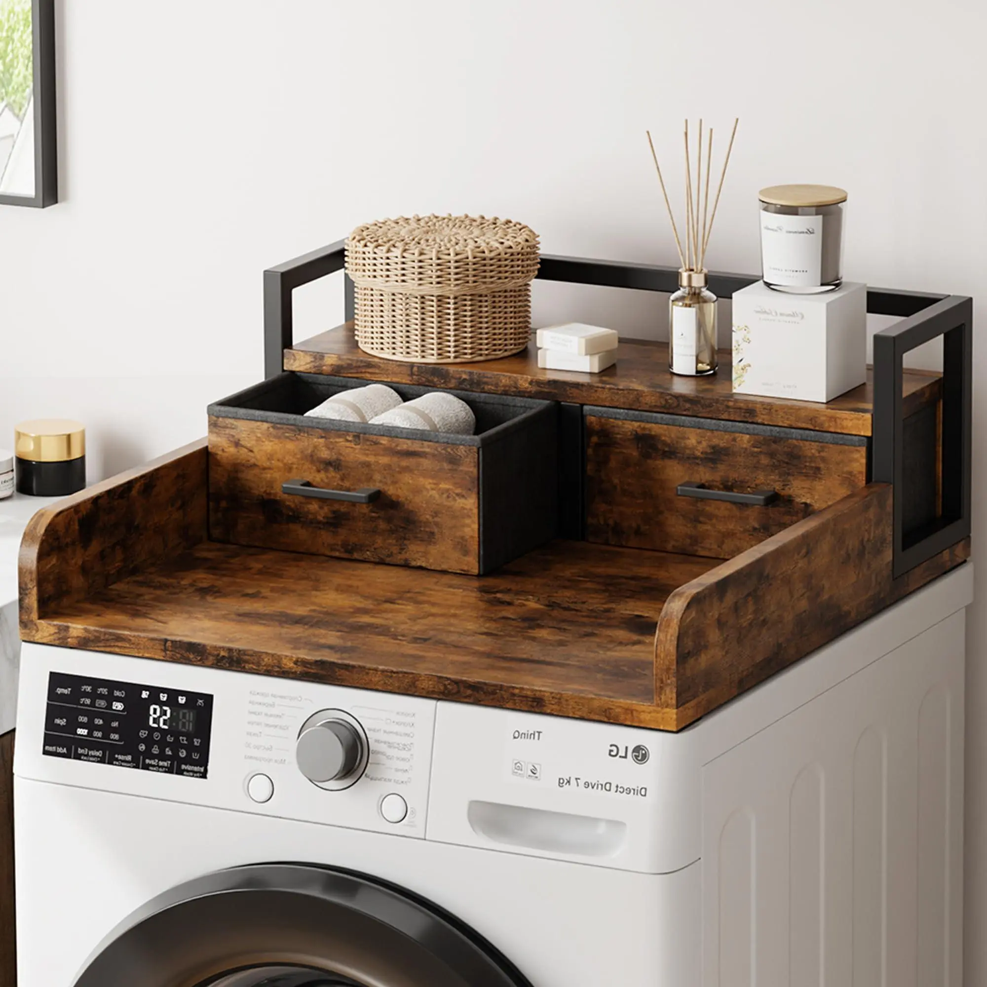 Garvee Wood Vintage 2-Tier Washer Dryer Countertop Organizer - Laundry Room Storage Rack with 2 Drawers, High Rails, Non-Slip Pad, 27.56" d x 10.24" h Fit for 27.5"x27.5" Machines