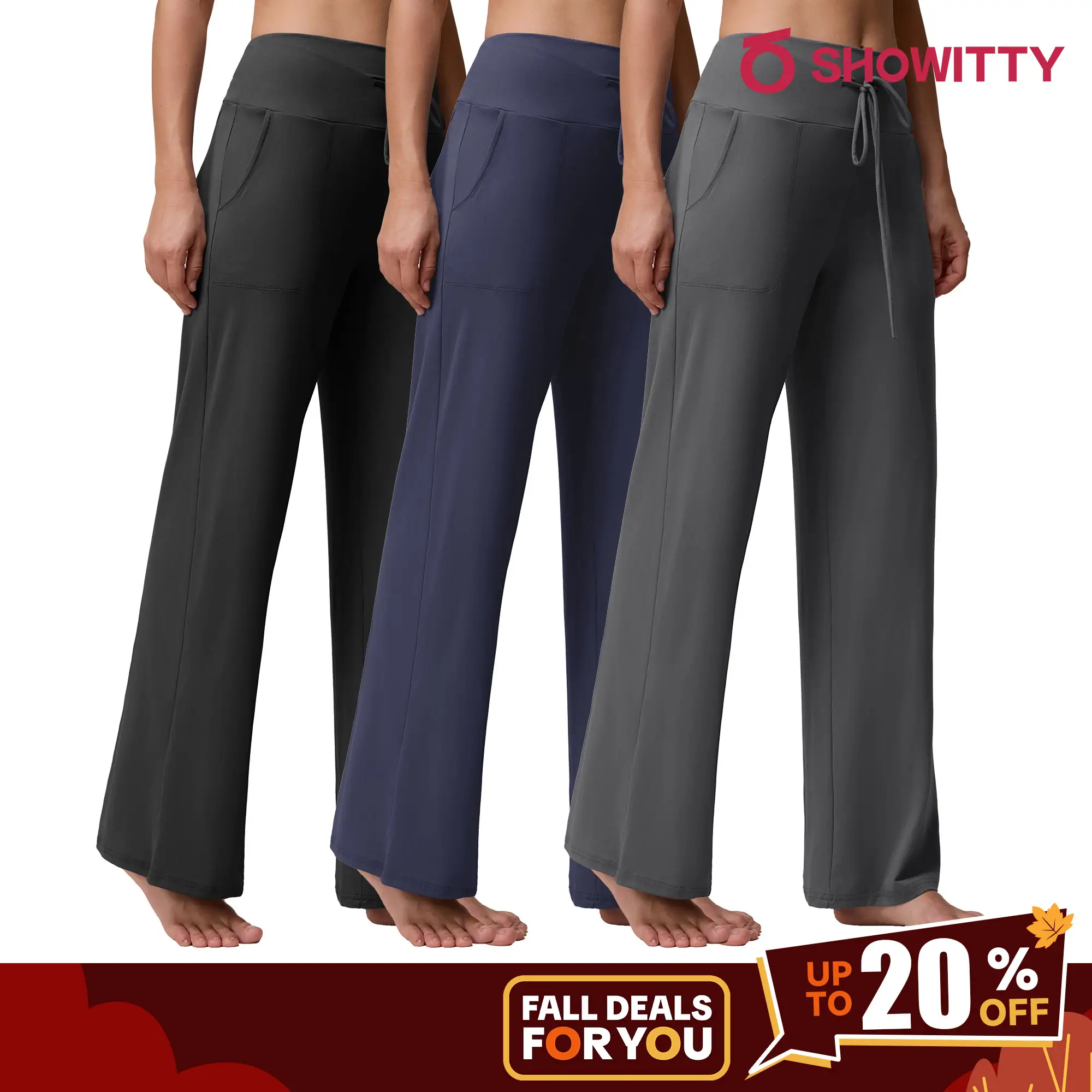 SHOWITTY 3 Pack Women's Wide Leg Pants with Pockets – High Waisted Loose Fit Sweatpants for Casual Outing & Travel