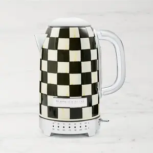 MACKENZIE-CHILDS Stainless-Steel Stovetop Tea Kettle, Black-and-White Courtly Check Kitchen Tea Prep Tool