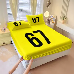 Eye-catching Yellow 67 Number Print Fitted Sheet Set (3 Pieces)，1 fitted sheet & 2 pillowcases，Yellow background with black number pattern，Durable & wrinkle-resistant，A must-have for any personalized bedroom look，A high-quality item for number enthusiasts