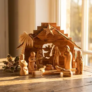 Large nativity set | Olive wood music box nativity scene | Christmas tree decoration | Manger scene