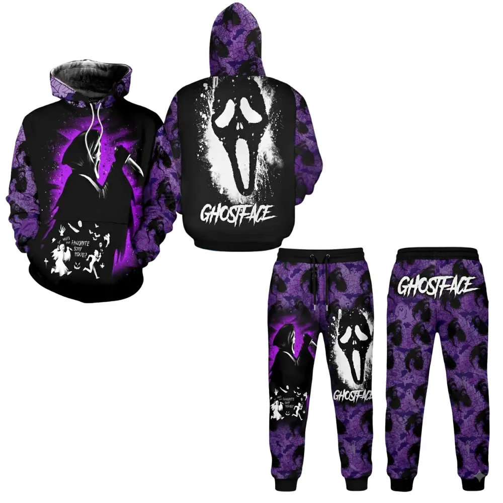 Ghostface Hoodie and Sweatpants Set, Purple Black Scream Mask Halloween Horror Graphic Design, Gift for Horror Movie Fans