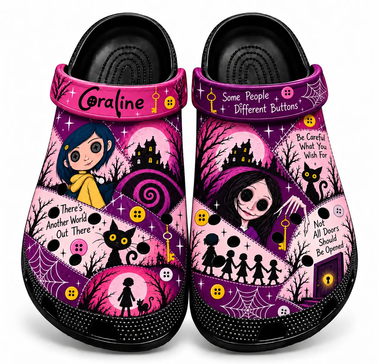 Coraline Inspired Clogs – Pink Purple Button-Eye Gothic Slip-On Shoes, Spooky Patchwork Cartoon Garden Sandals, Halloween Casual Footwear, Unisex Fan Gift