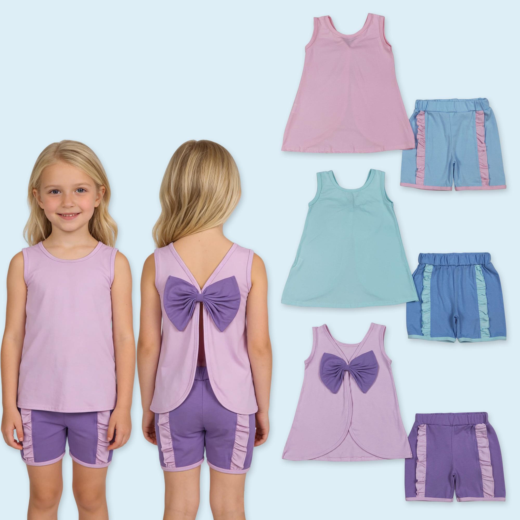 Sleeveless bow pink tunic light blue shorts girls summer outfits kids summer boutique clothes
