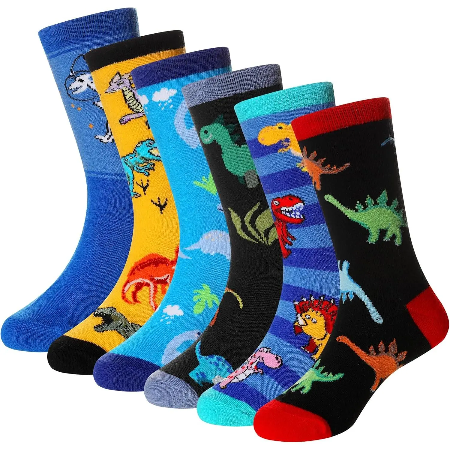 X-SOK17  Boys Socks Kids Funny Cotton Novelty Crew Cartoon Space Dinosaur Crazy Socks 6 Pairs