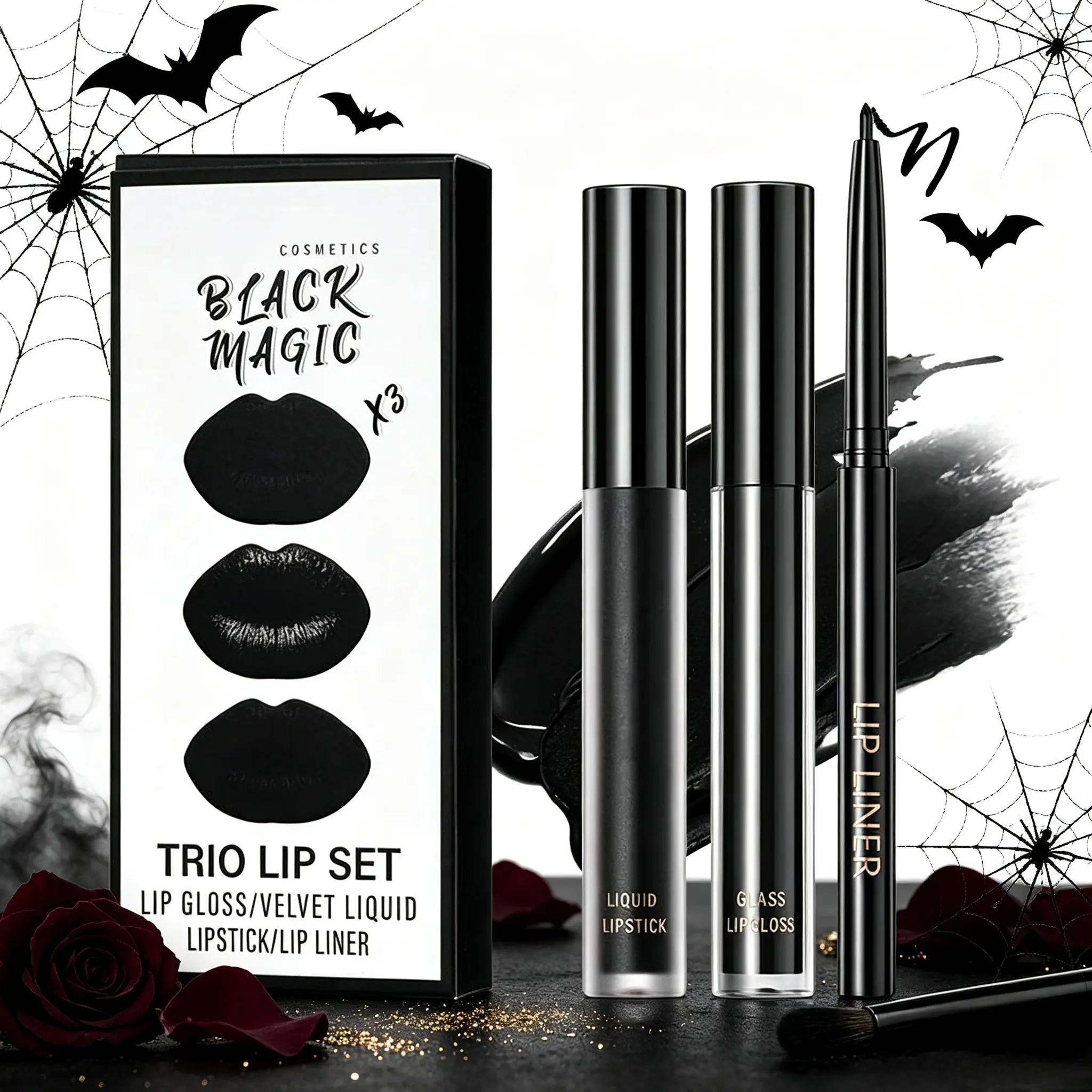 3-in-1 Gothic Matte Black Lipstick and Lip Liner Lip Gloss Set Velvet Goth Makeup Kit Long-lasting Non-Stick Cup Smudge-Proof Dark Lip Trio
