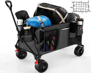 Collapsible Wagon Cart with Cargo Net, Beach Wagon with Big Wheels, Foldable Wagon with Brakes, Outdoor Garden Cart with 6 Side Pockets and 4 Cup Holders, Black