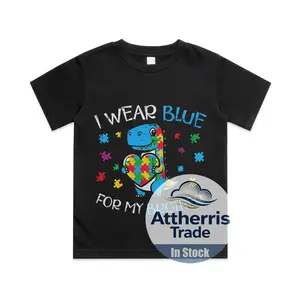 Kids Autism Dino I Weat Blue for My Brother Awareness Boys Kids Cotton T-shirt, Graphic Print Round Neck Short Sleeve Casual Tee for Boys Girls