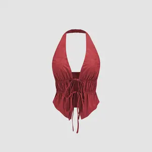 Cider [4 colors, size 0-10] Halter V-neck Knotted Ruched Crop Top