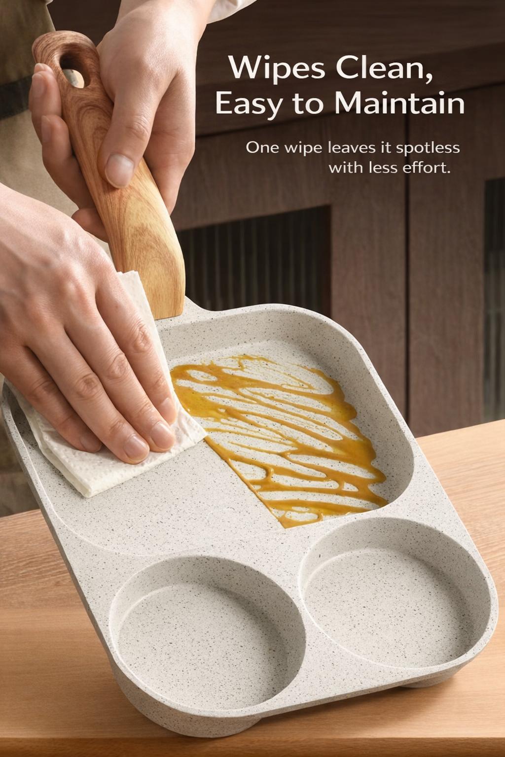 Non-stick Egg Frying Pan, 3 Holes Skillet With Handle, Nonstick 3-In-1 Divided Grill Pan - Multi-Use Egg Cooker, Omelette/Pancake Pan with Steak Function, Gas/Induction Compatible + Free Oil Brush & Scraper，Easy Clean，Breakfast Gadget，Family-Safe