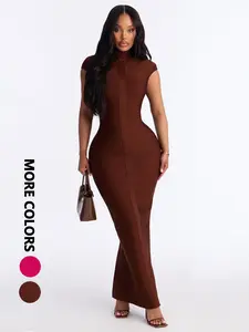 Summer new women's fashionable solid color dress, stand up collar slim bandage design, sexy spicy girl party Elegant light luxury style, back slit design long dress, ball dress, party dress
