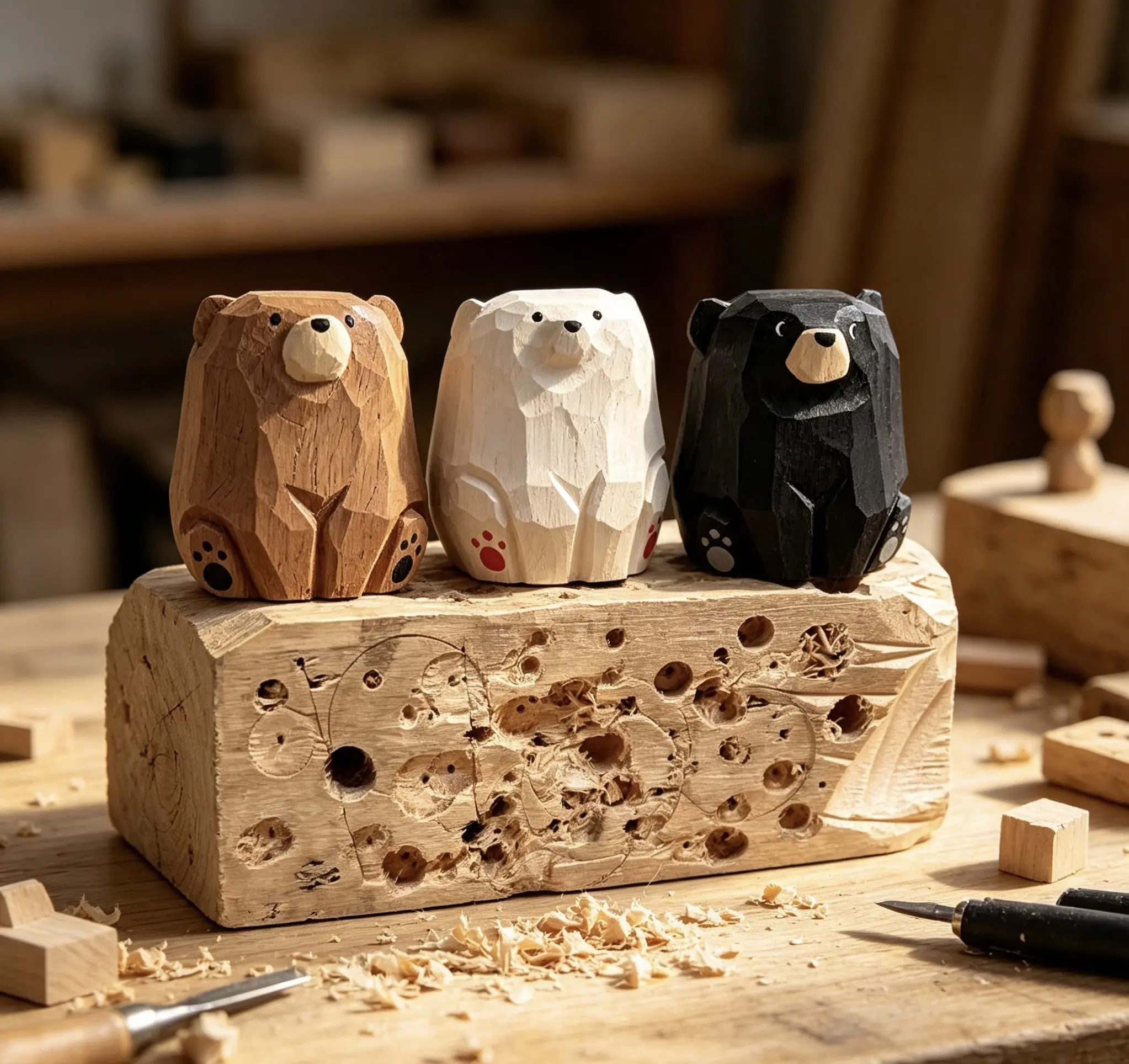 Simulated wood carving quiet bear handmade desktop ornament