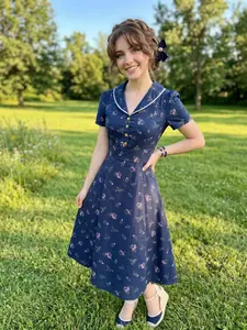 PURE COTTON BEIGE 1940S PUFF SLEEVES FLORAL DRESS Casual Womenswear Cute Summer Fitted Vneck Shortsleeve