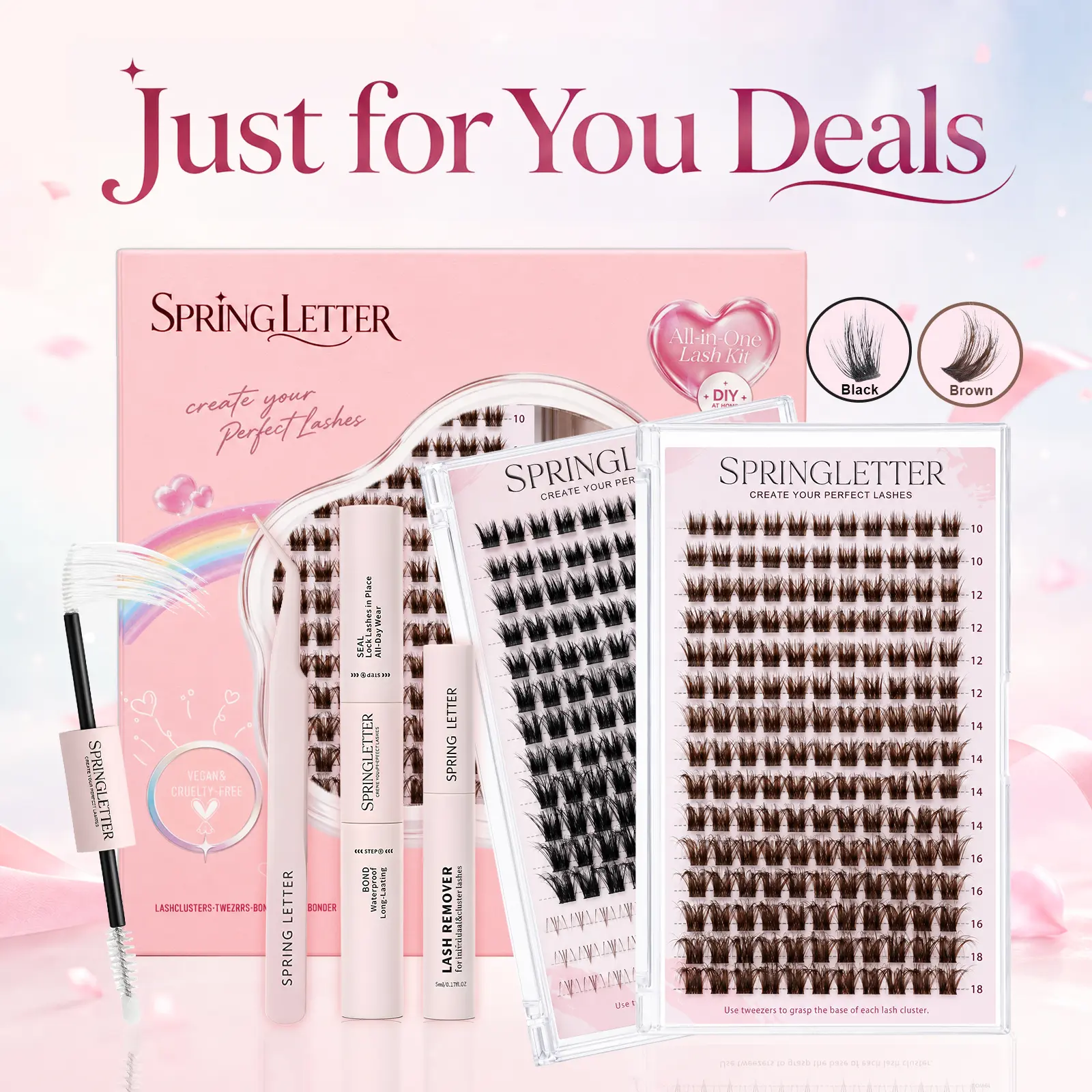 SPRINGLETTER Fluffy Lash Clusters Kit, Soft Lightweight Eyelash Clusters 10-18mm, Brown & Black DIY Cluster Lashes with Bottom Lashes, At-Home Lash Extensions with Bond & Seal, Remover & Tweezers spikes