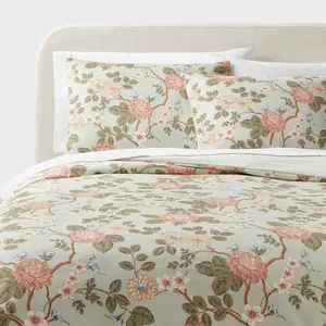 Threshold Cotton Sateen Duvet Cover Set Floral Green/Light Pink/White Full/Queen