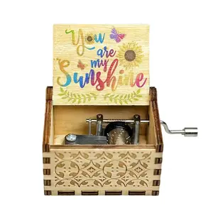 you are my sunshine "1 pcs Wooden Laser Engraved Vintage Decorative Music Box, Hand Crank Eight-Tune Musical Box, Home Office Decor Gift for Birthday Thanksgiving Christmas New Year Art Ornaments