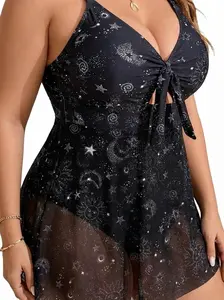 Plus Size All Over Print One-piece Swimsuit, Skirted Bathing Suit, Comfy Sleeveless Tie Front Swimwear for Beach Holiday Vacation, Women's Swimsuit for All Seasons, V Neck Swimdress