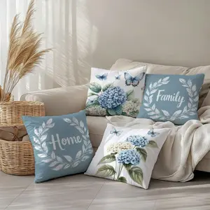 4pcs Hydrangea Design & Butterfly Motif Home Decorative Pillow Case Set, Single-Sided Printed Plush Fabric, 45*45/50*50/40*40CM Cushion Cover Suitable For Modern Minimalist Sofa, Living Room Decor, Contemporary Living Space, Gift, Party