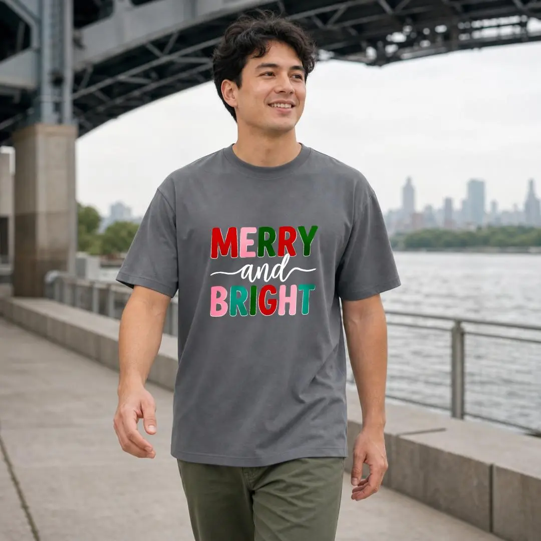 Xtauto Festive Graphic Unisex T-Shirt Merry And Bright Text Design Casual Summer Wear Holiday Gift For Friends And Family