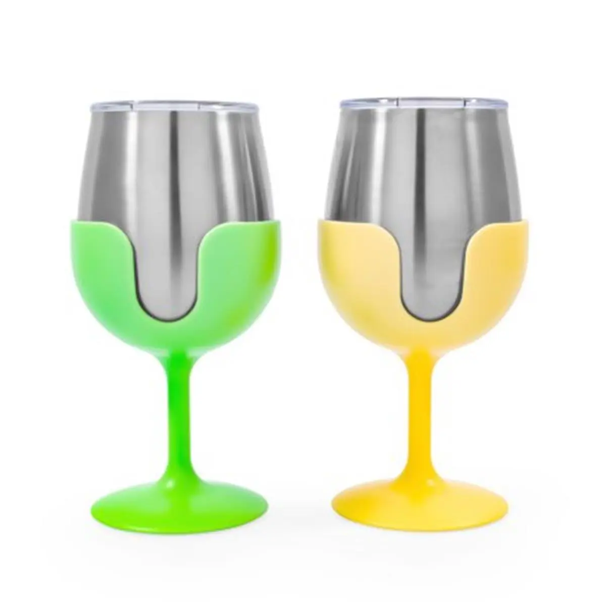 Camco 8oz Double Wall Stainless Steel Portable Vacuum Flask Wine Tumbler with Lid - 2-Piece Colorful Green & Yellow, Hand Wash Only, Ideal for Campsite Beverages (Model 126.1916), Two Pieces