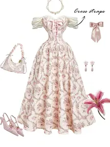 A Vintage-Print Dreamy And Romantic Dress With A Cinched Waist, Ruffles, Bow Embellishments, And Crisscross Ties-Perfect For Dates, Parties, Holidays, Afternoon Tea Parties, And Birthday Parties. Country Style Dress, Garden Party Dress, Bridgeton Afternoo