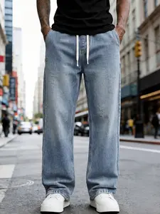 Men's Cotton Denim Jeans, Drawstring Waist, Slanted Pockets, Loose Fit, Long Length, Washed Effect, Blue Jeans, Gift for Husband Boyfriend
