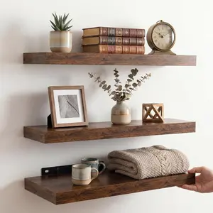 16 Inch Oak Floating Shelves Set of 3, Brown Wall Mounted Shelves with Hidden Brackets, Thin Floating Shelves for Wall Decor, Kitchen Bathroom Bedroom Office
