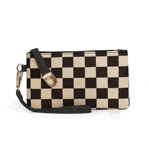 Women’s upgraded high-quality fabric; fashionable, portable long wallet with a checkered pattern; holds a phone; detachable wrist strap; premium gold zipper; gold accents; small everyday carry item.