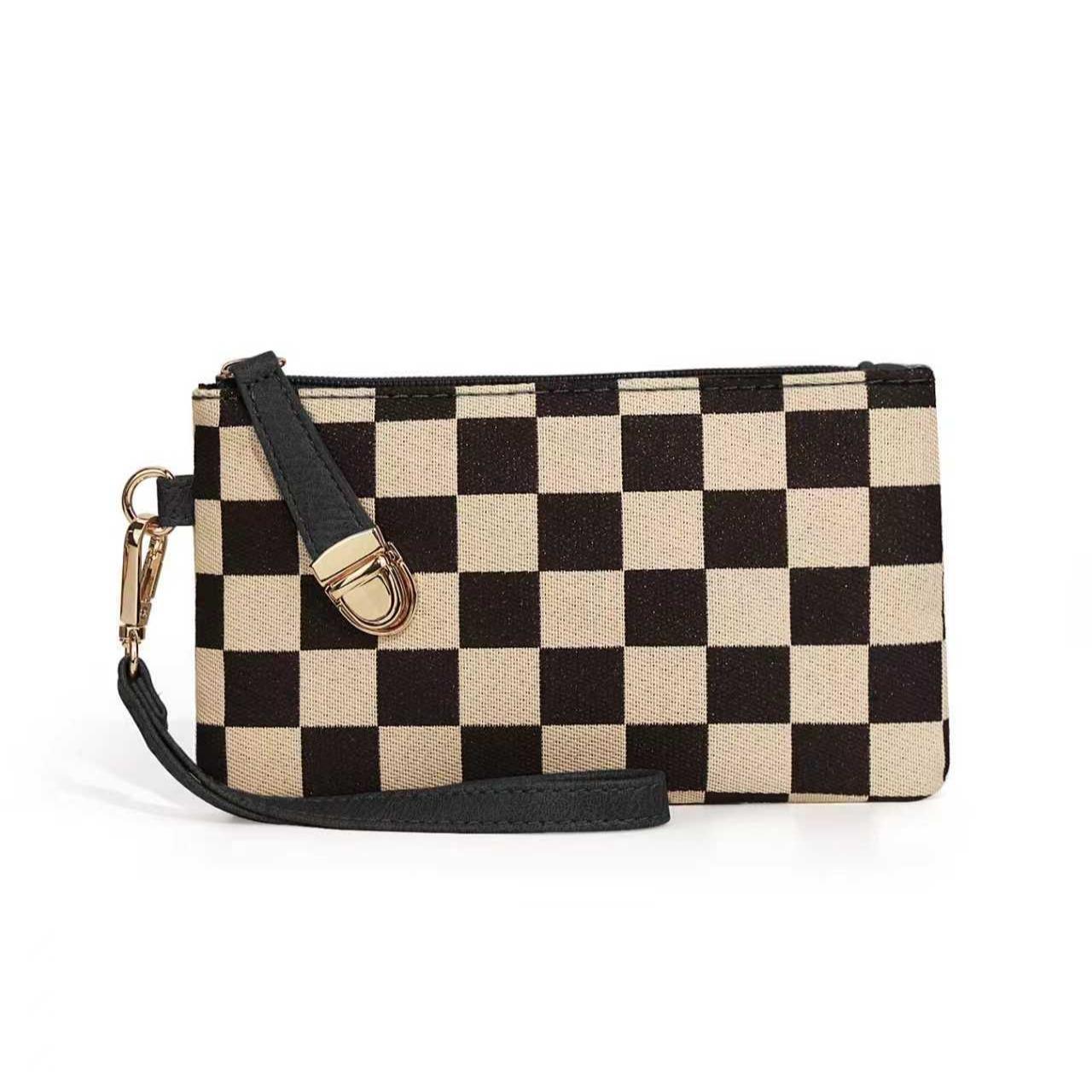 Women’s upgraded high-quality fabric; fashionable, portable long wallet with a checkered pattern; holds a phone; detachable wrist strap; premium gold zipper; gold accents; small everyday carry item.