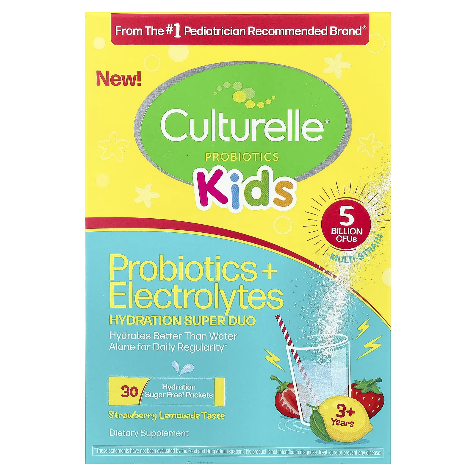 Culturelle Kids, Probiotics + Electrolytes, Hydration Super Duo, 3+ Years, Strawberry Lemonade, 30 Packets, 0.06 oz (1.7 g) Each