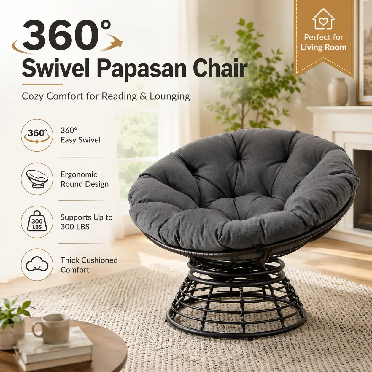 Super Papasan Chair Wicker Rattan Chair 360 Swivel with Thick Cushion Ergonomic Indoor Outdoor Lounge Chair Brown Frame Grey Cushion for Living Room Bedroom Reading Room Patio Boho Accent Chair Comfy Seating
