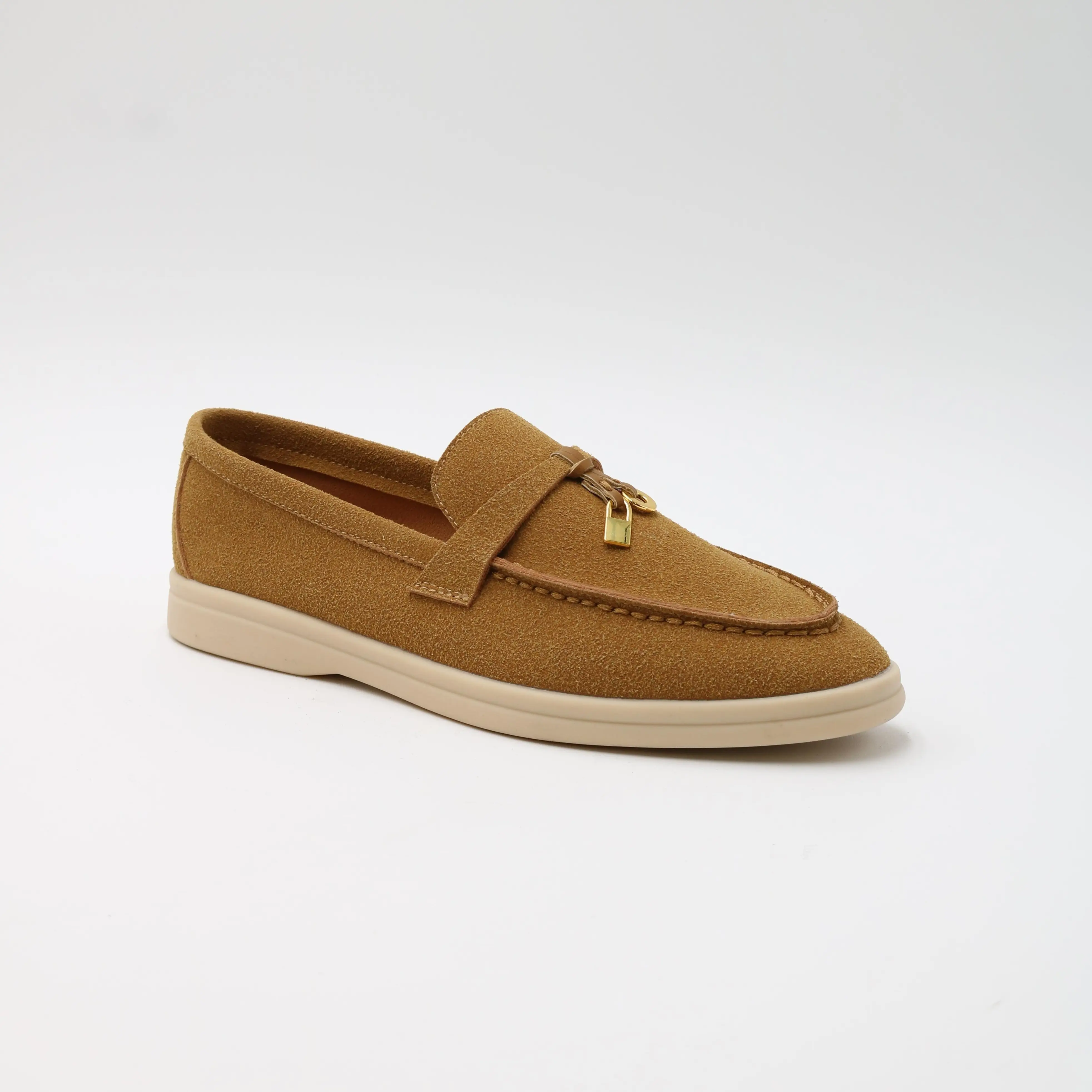 Women's Elegant Office Flats - Stylish Casual Loafers, Gold Accent, Comfortable Faux Suede Slip-On Shoe, CHARLIE-01