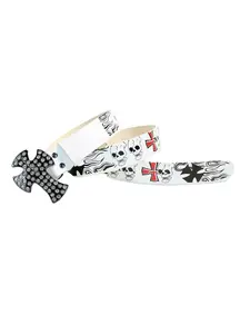 White Printed Belt Buckle with Skull Cross Pattern, Subculture Hip-hop Punk Stylish Belt, Unisex Trendy Belt for Men and Women
