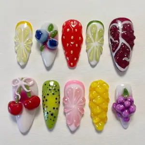 Chic Nail Studio Luxury Fruit Fantasy Press-On Nails, 3D Strawberry, Kiwi, Cherries, Grape, Butterfly Bow, Custom Press-On Nail, Summer Picnic, Gifts for Her