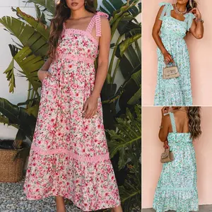 Women’s floral maternity dress featuring patchwork lace, tie shoulders, backless design, tiered ruffles, and pockets—long casual dress suitable for indoor and outdoor wear and everyday use.