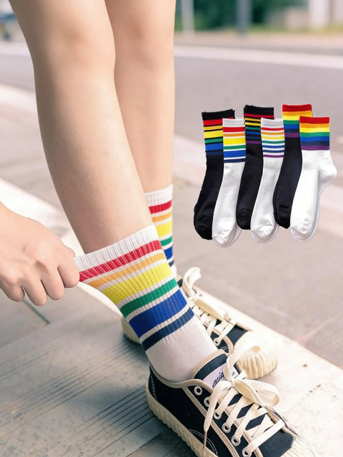 6 Pairs Cool Women Rainbow Striped Mid-Calf Fitted Casual Fashion Socks, Street Style Match Dad Shoes Skate Pants, Student Party School Uniform Socks