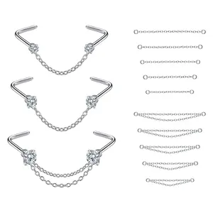 Double Nose Piercing Chain Set, 3-Piece Connected L-Shaped Studs with Clear CZ Crystals, Includes 10 Interchangeable Extension Chains for Customizable Styling