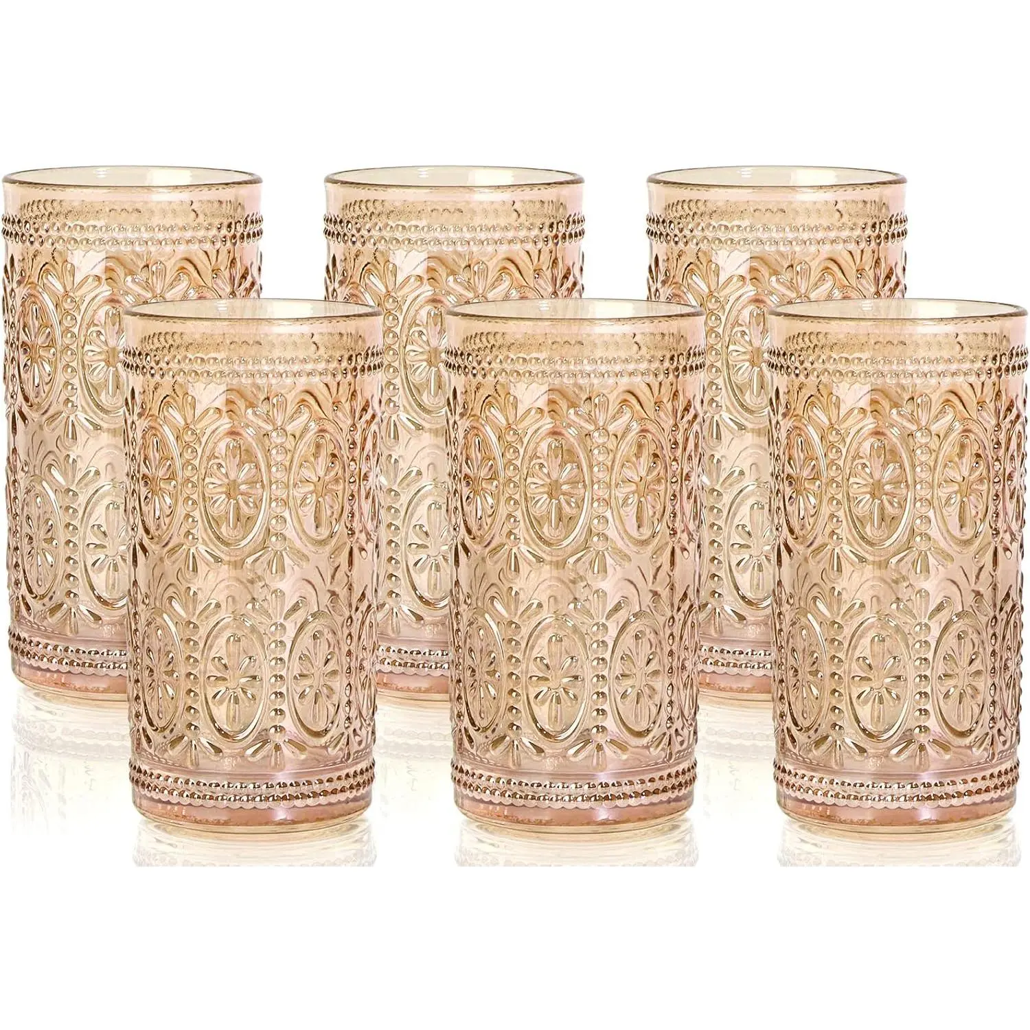 6 Pack Highball Beverage Glass Cup, 12oz Amber Glassware Drinking, Vintage Embossed Drinking Glasses, Old Fashioned Glass for Party Wedding Home Office and Gift