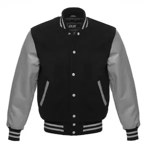 Letterman Varsity Jacket Wool & Real Leather Black/Gray Collar Cotton